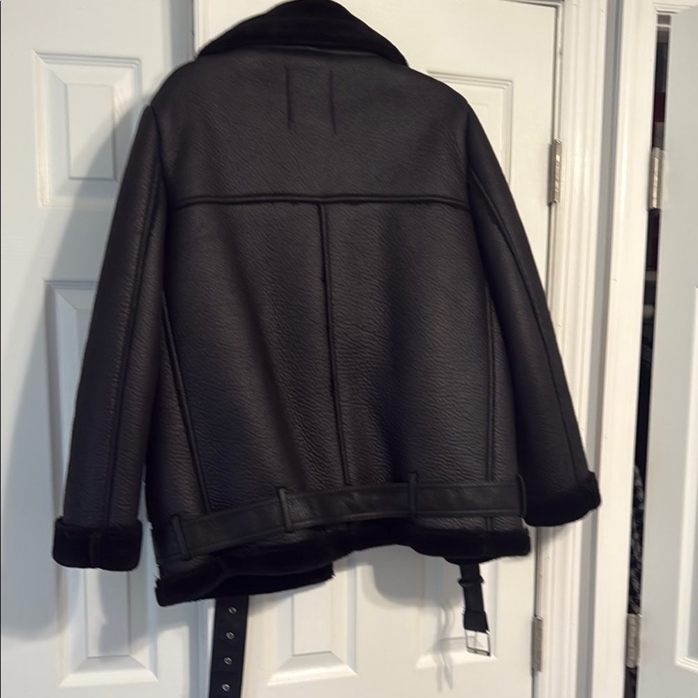 ZARA Black faux Leather Jacket with Fur Collar NWOT - Picture 6 of 7